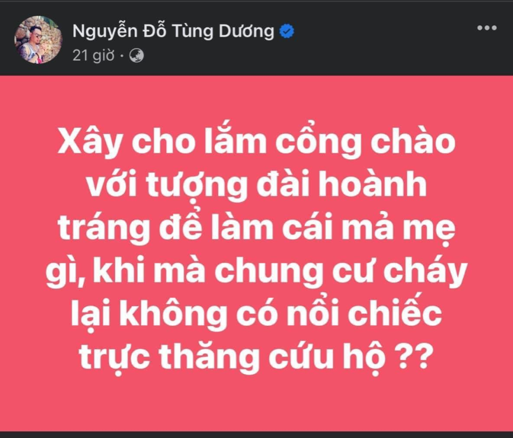 Diễn viên Tùng Dương gây tranh cãi với phát biểu: "Khi chung cư cháy lại không có nổi chiếc trực thăng cứu hộ?"